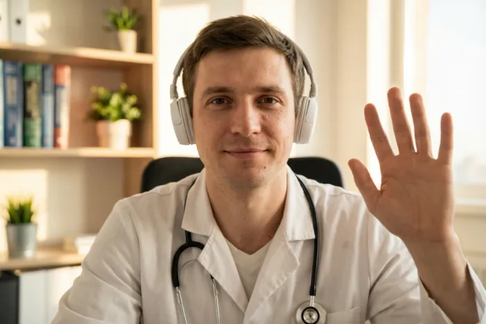 Doctor conducting a telehealth video consultation on a tablet